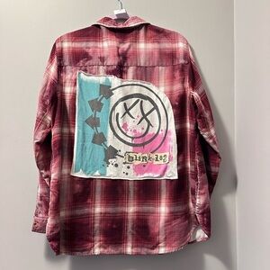 Hand Crafted Red Plaid Button-Down Shirt with Graphic Back Patch